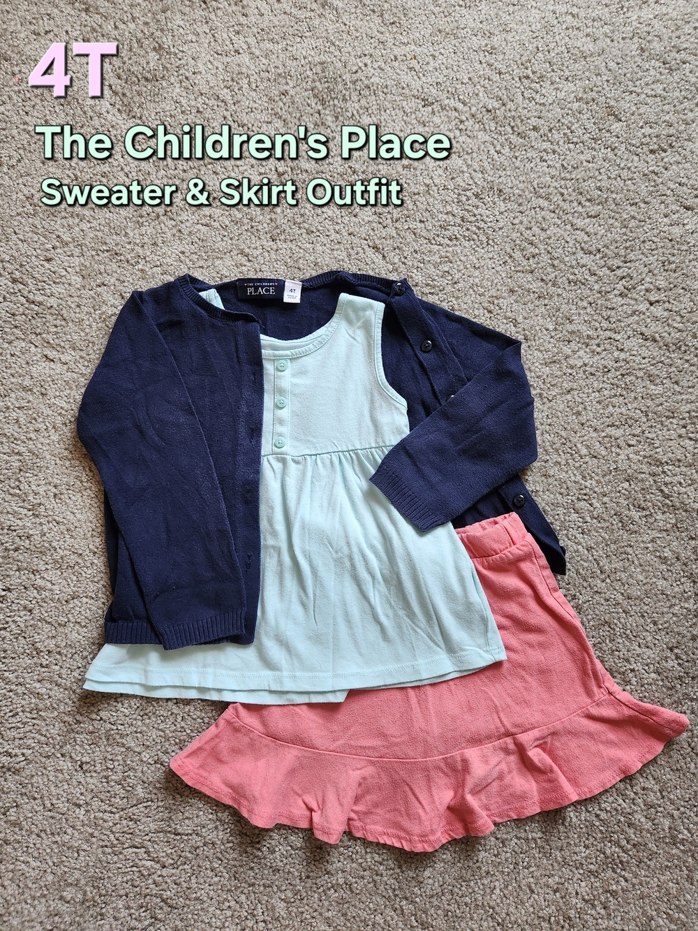 The Children's Place Navy Cardigan, Light Blue Top & Coral Skirt Outfit